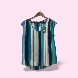 NWT Lucky Brand 100% Silk Striped Cap Sleeve Blouse Top Blue Teal Women’s Small